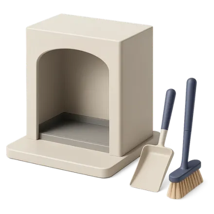 A fireplace with shovel and brush