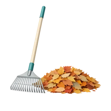 A rake and a pile of leaves