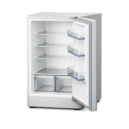 An empty fridge, door ajar