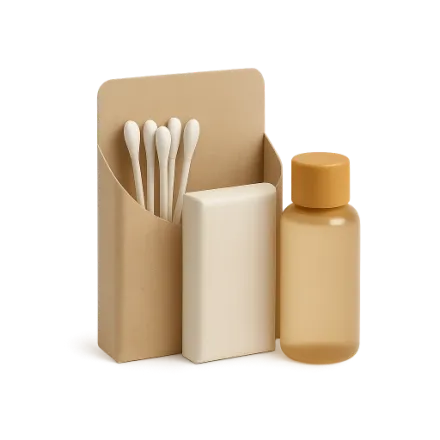 A bathroom kit: cotton swabs, soap and shampoo