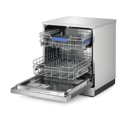 An open, empty dishwasher