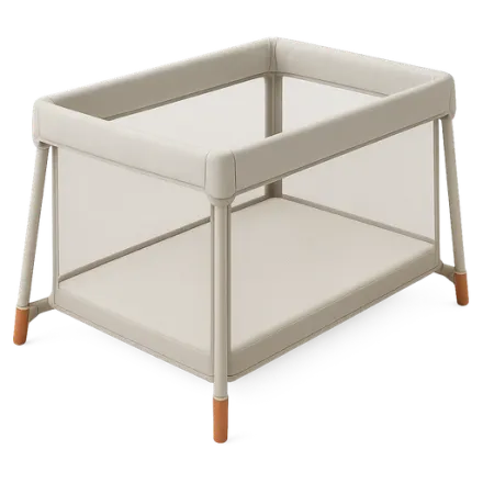 A travel cot, set up