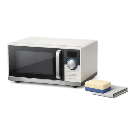 A microwave, sponge and cloth