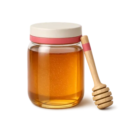 A jar of honey and a wooden dipper