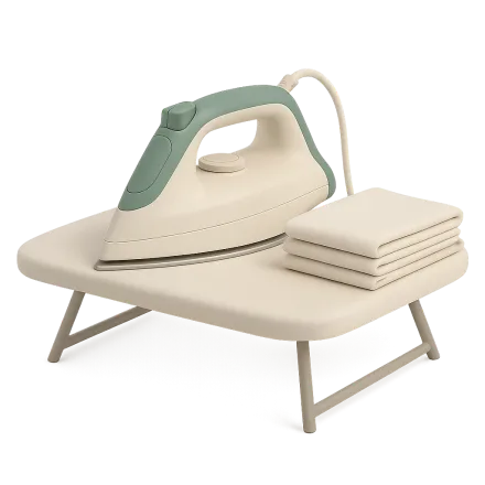 An iron on its ironing board