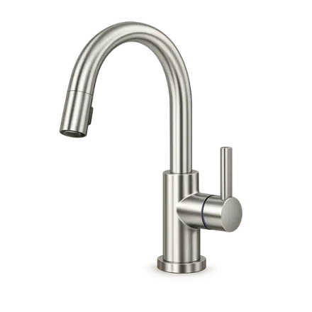 A brushed kitchen tap